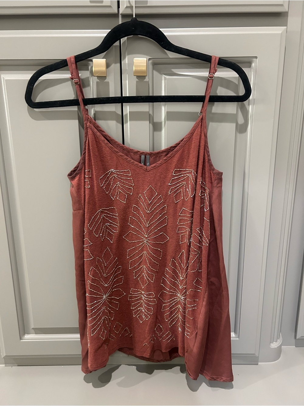 Anthropologie Beaded Leaf Tank Top - Rust Coral